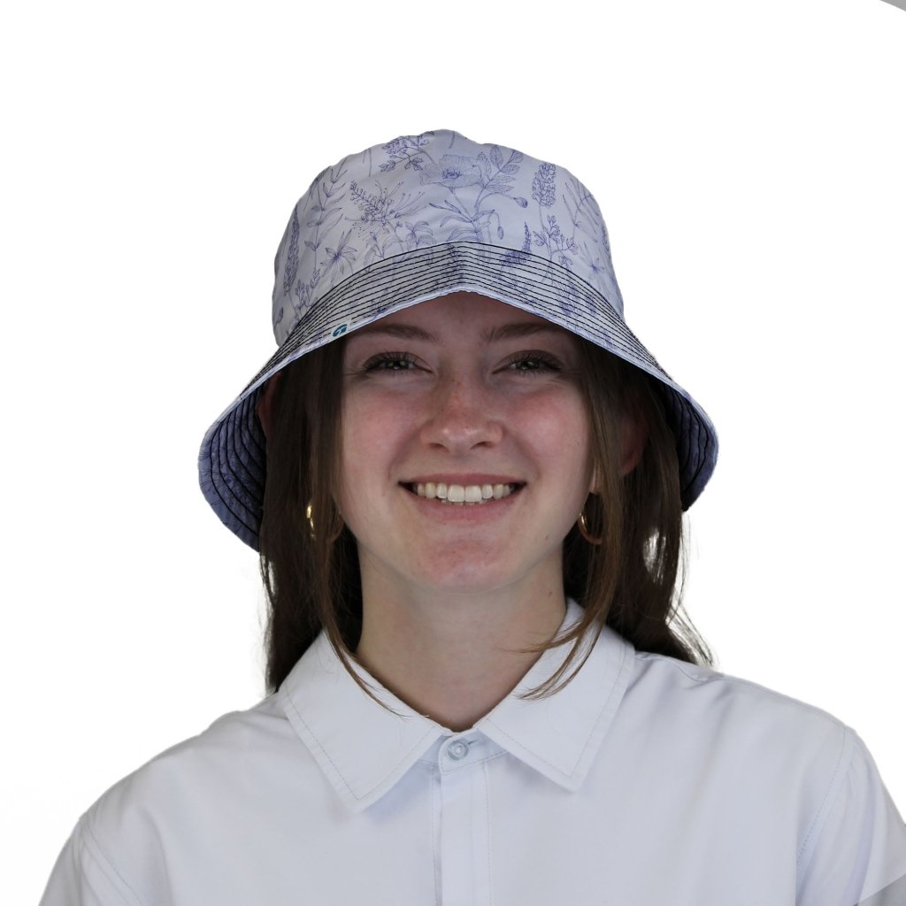 Simple Botany Flowers Herbs White Blue Bucket Hat - M - Grey Stitching - -