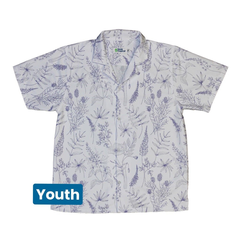 Simple Botany Flowers Herbs White Blue Youth Hawaiian Shirt - YXS - -