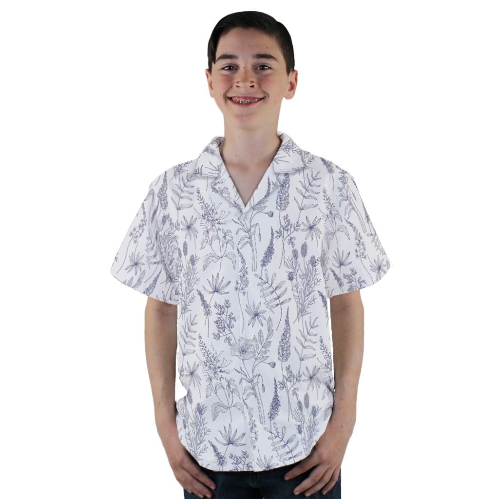 Simple Botany Flowers Herbs White Blue Youth Hawaiian Shirt - YL - -