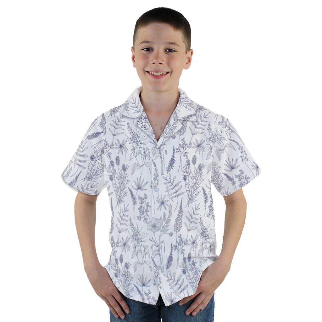 Simple Botany Flowers Herbs White Blue Youth Hawaiian Shirt - YM - -