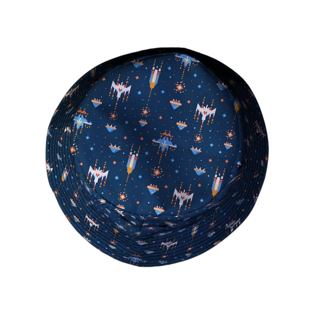 Space Retro Arcade Video Game Blue Gray Bucket Hat - M - Black Stitching - -