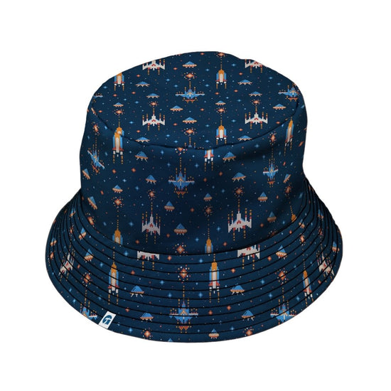 Space Retro Arcade Video Game Blue Gray Bucket Hat - M - Grey Stitching - -