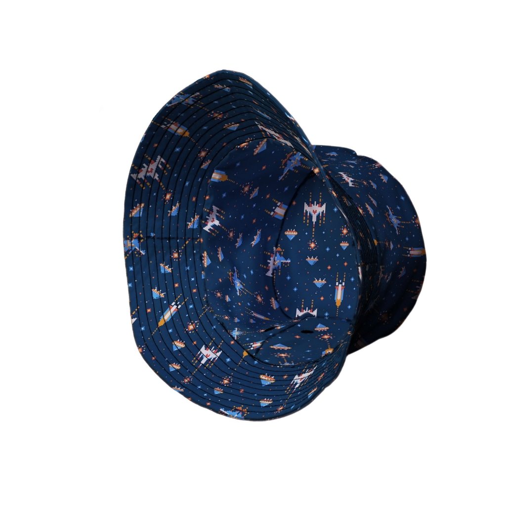 Space Retro Arcade Video Game Blue Gray Bucket Hat - M - Black Stitching - -