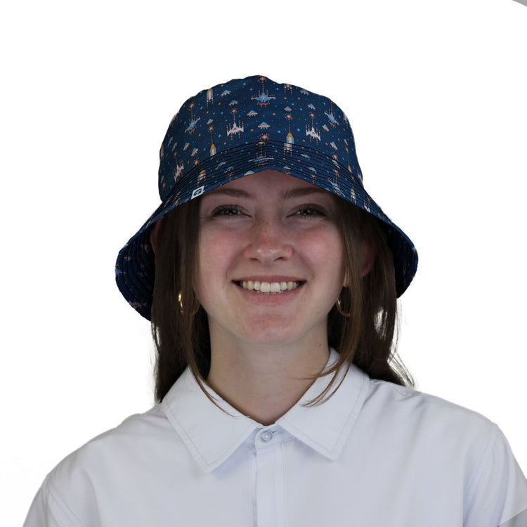 Space Retro Arcade Video Game Blue Gray Bucket Hat - M - Black Stitching - -