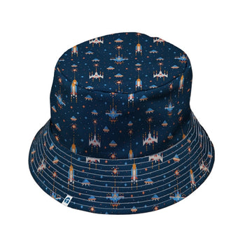Space Retro Arcade Video Game Blue Gray Bucket Hat - M - Black Stitching - -