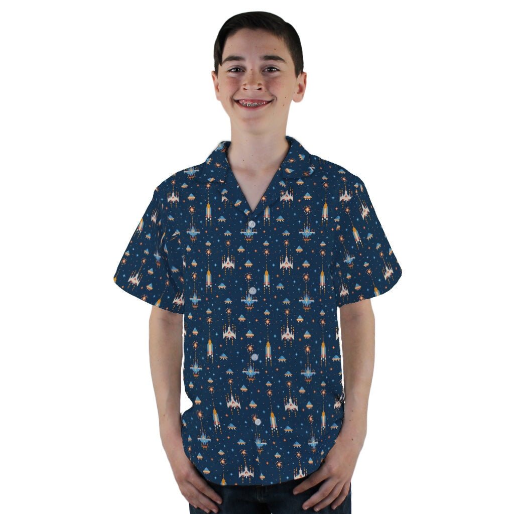 Space Retro Arcade Video Game Blue Gray Youth Hawaiian Shirt - YL - -