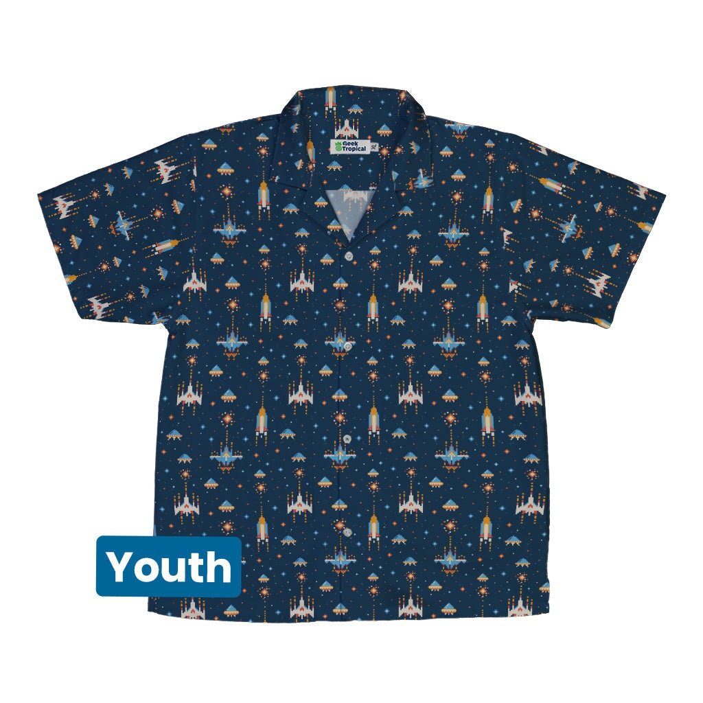 Space Retro Arcade Video Game Blue Gray Youth Hawaiian Shirt - YXS - -