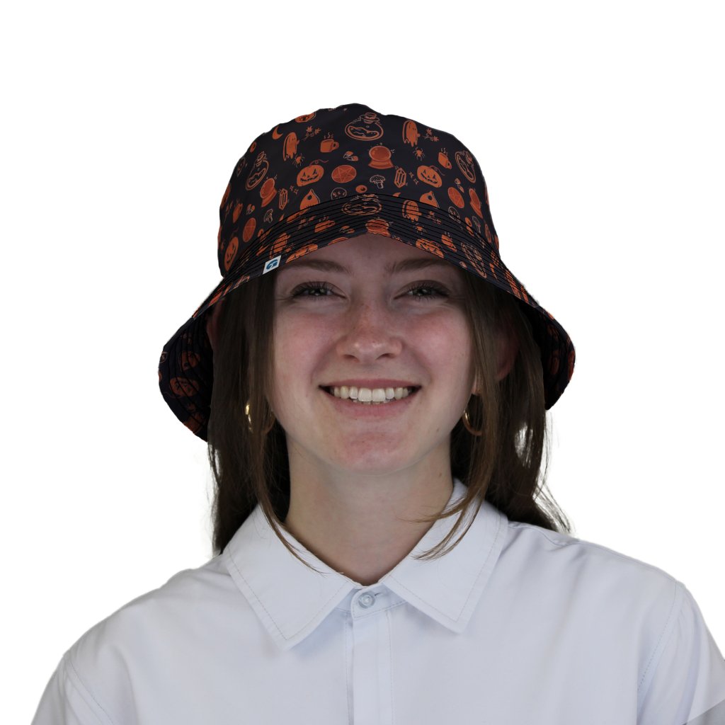 Spooky Halloween Orange Bucket Hat - M - Grey Stitching - -