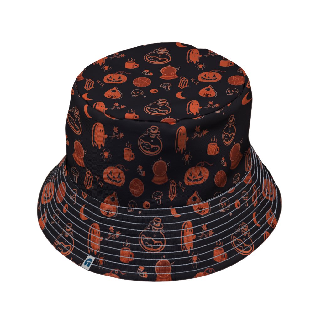 Spooky Halloween Orange Bucket Hat - M - Grey Stitching - -