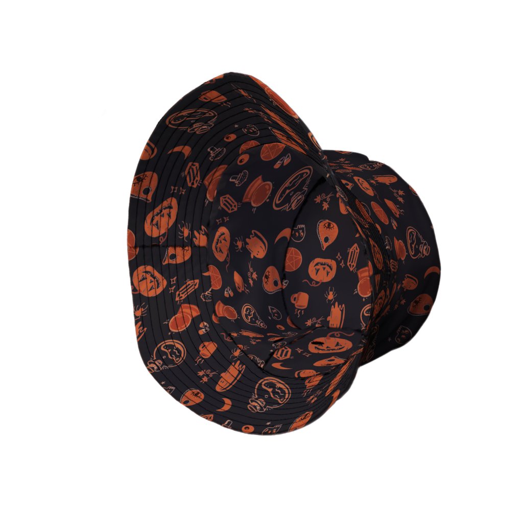 Spooky Halloween Orange Bucket Hat - M - Grey Stitching - -