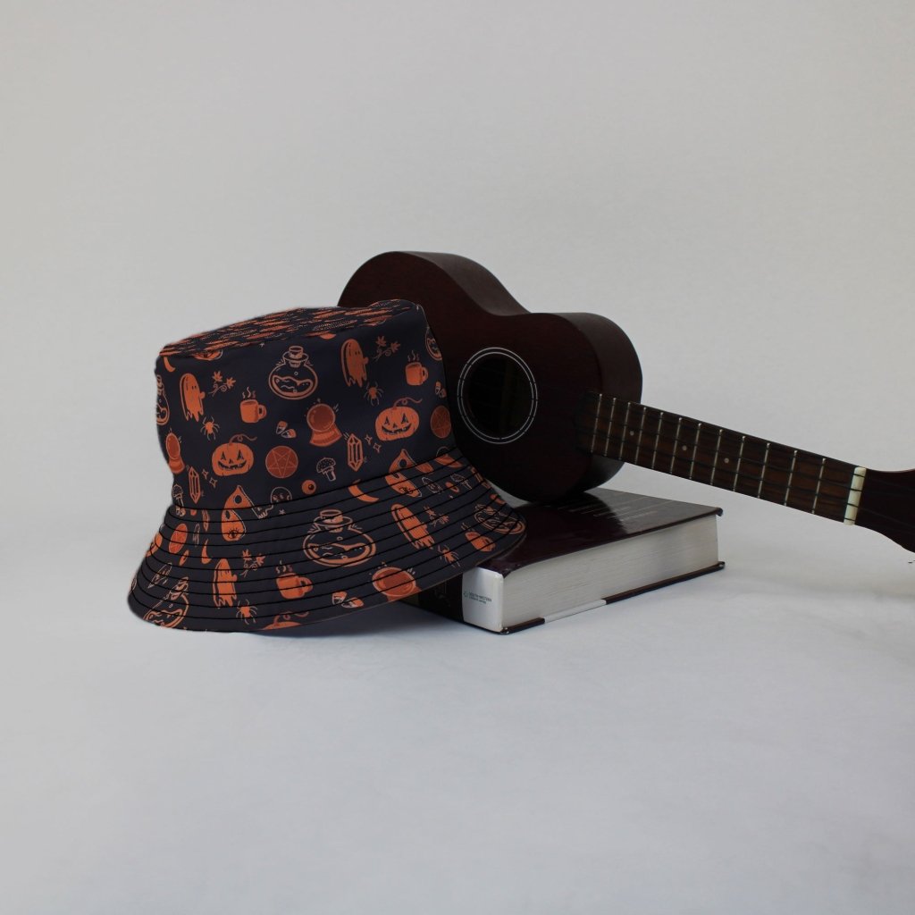 Spooky Halloween Orange Bucket Hat - M - Grey Stitching - -