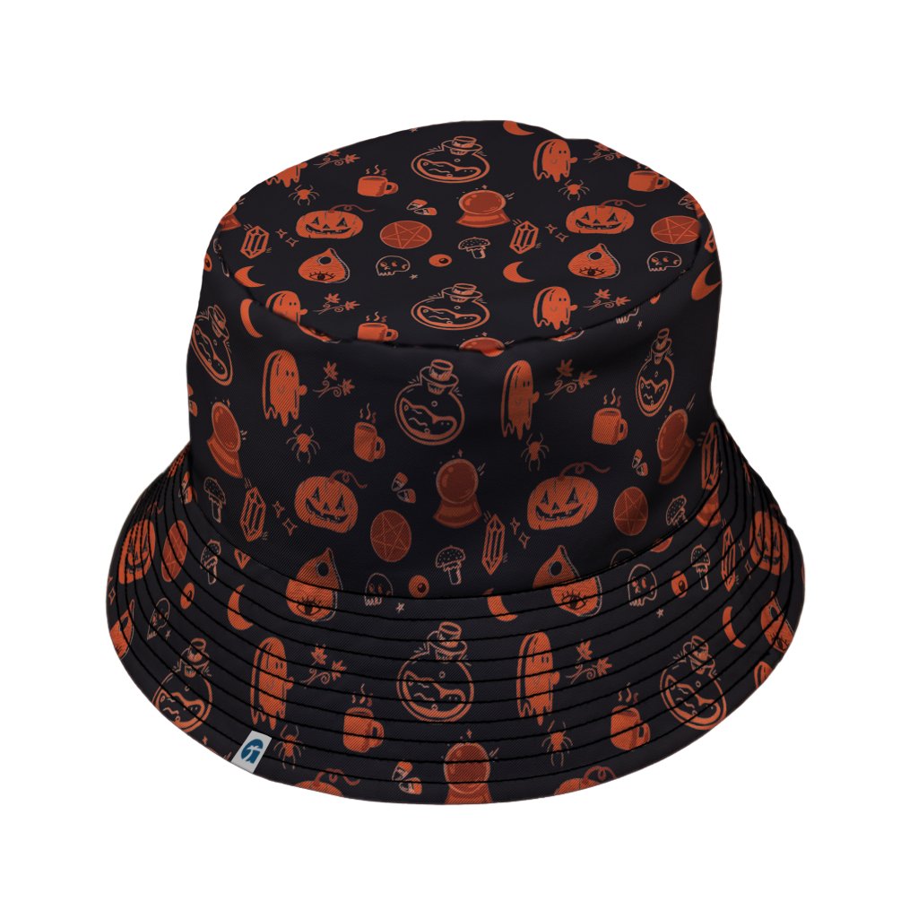 Spooky Halloween Orange Bucket Hat - M - Black Stitching - -