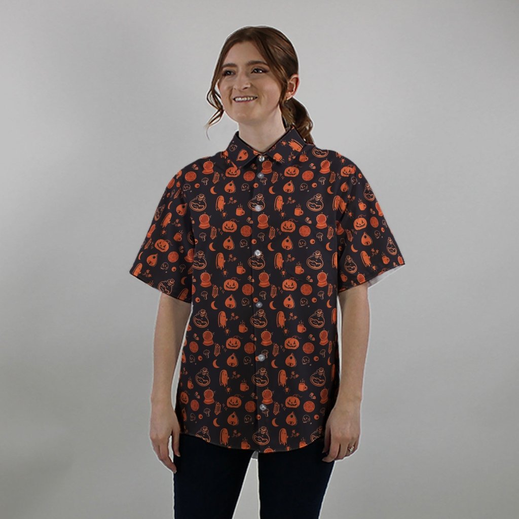 Spooky Halloween Orange Button Up Shirt - S - Hawaiian Shirt - No Pocket -