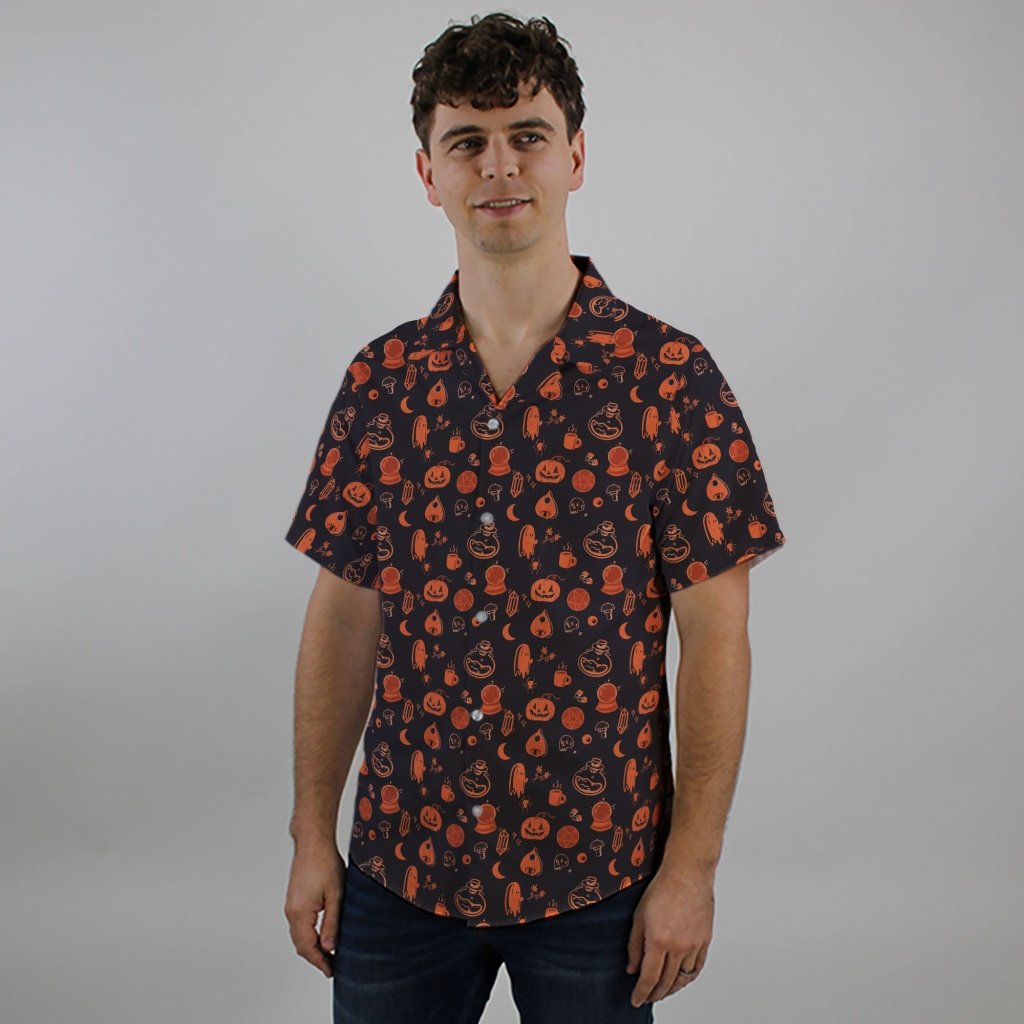 Spooky Halloween Orange Button Up Shirt - S - Hawaiian Shirt - No Pocket -