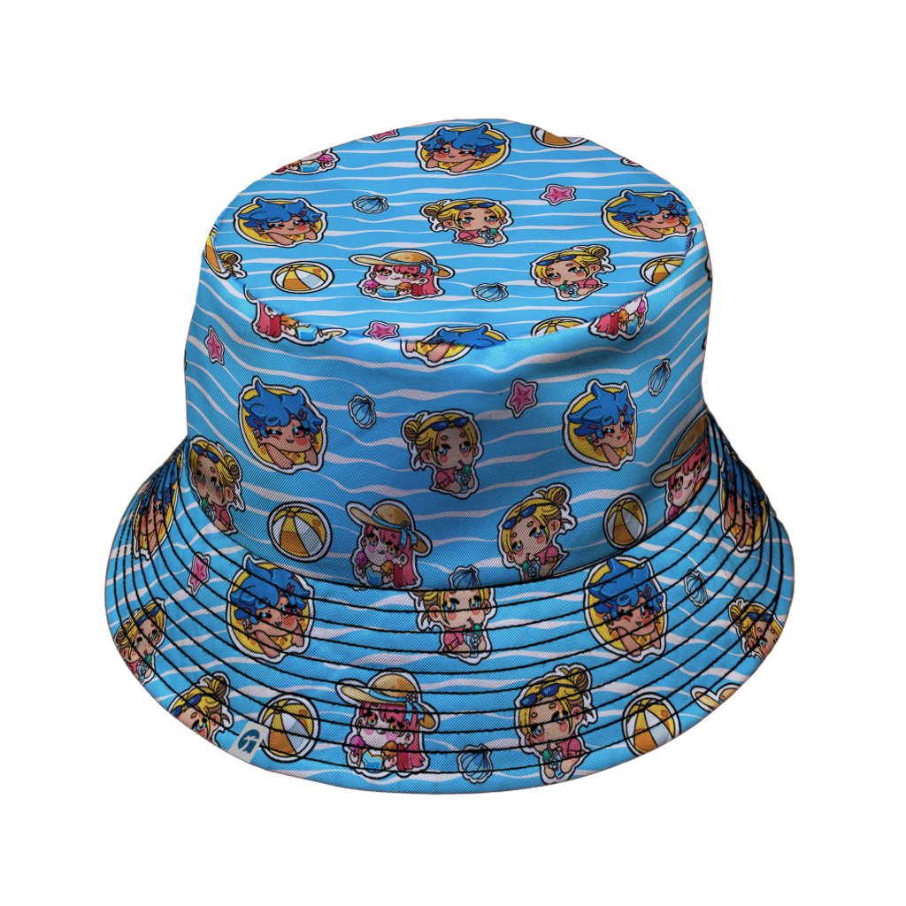 Summer Chibi Anime Stickers Poolside Blue Bucket Hat - M - Black Stitching - -