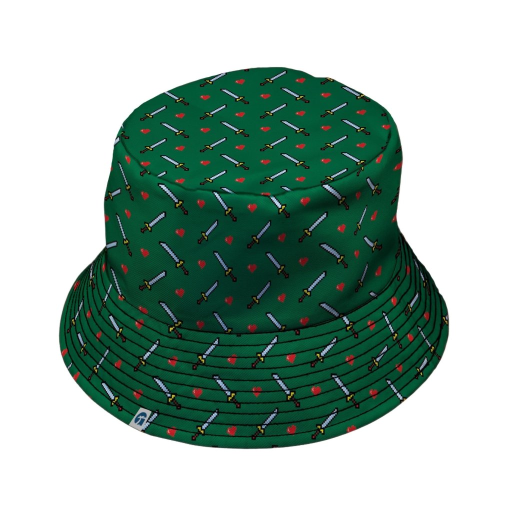 Sword and Hearts Video Game Green Bucket Hat - M - Black Stitching - -
