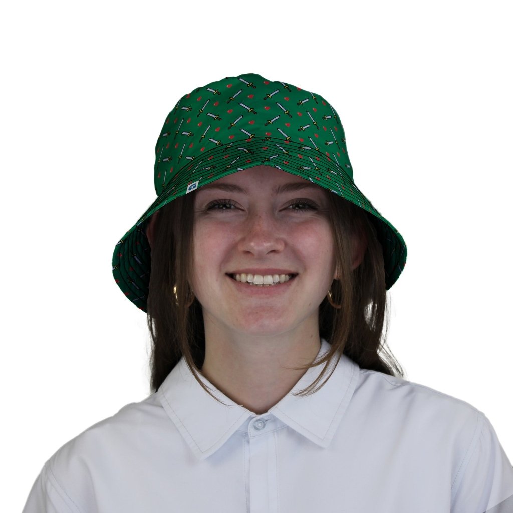 Sword and Hearts Video Game Green Bucket Hat - M - Grey Stitching - -