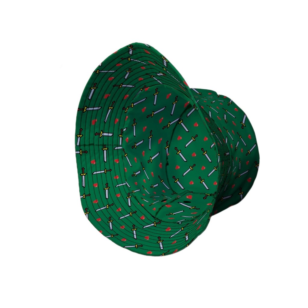 Sword and Hearts Video Game Green Bucket Hat - M - Grey Stitching - -