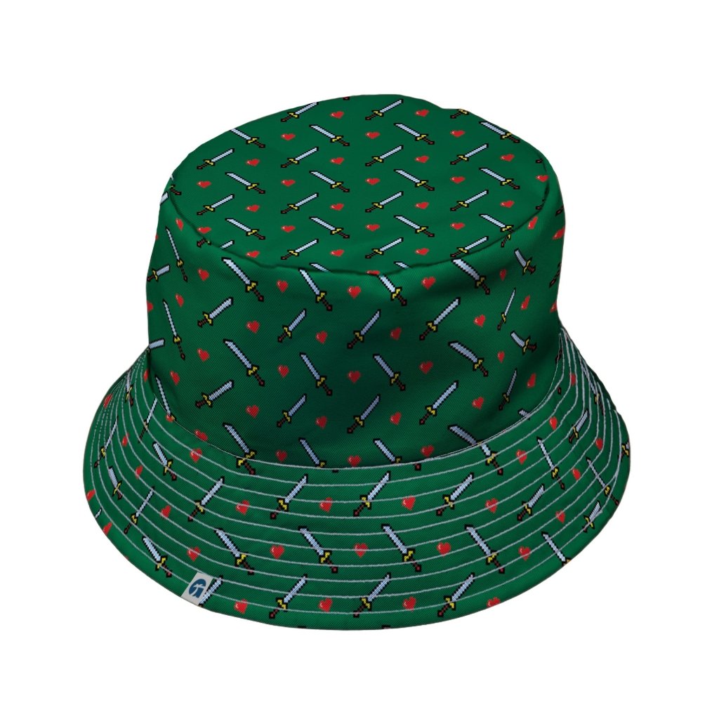 Sword and Hearts Video Game Green Bucket Hat - M - Grey Stitching - -