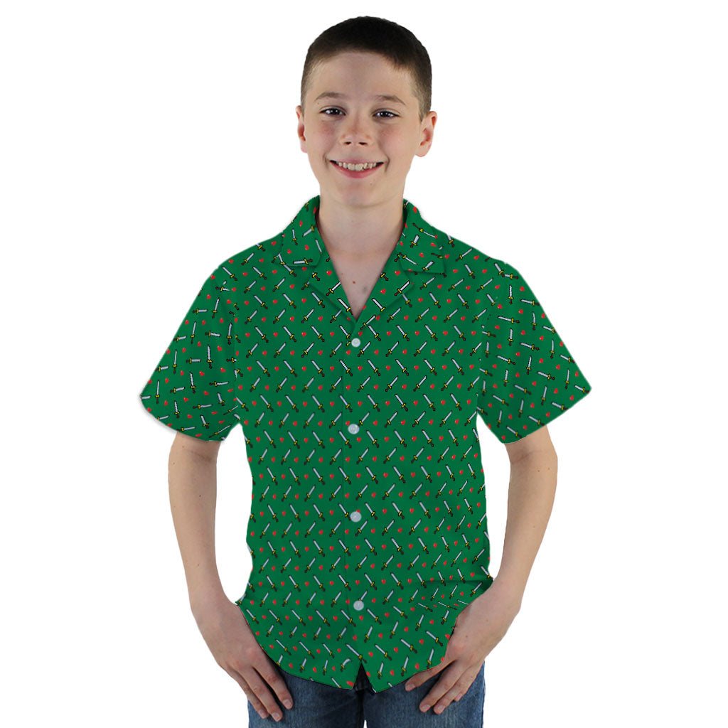 Sword and Hearts Video Game Green Youth Hawaiian Shirt - YM - -