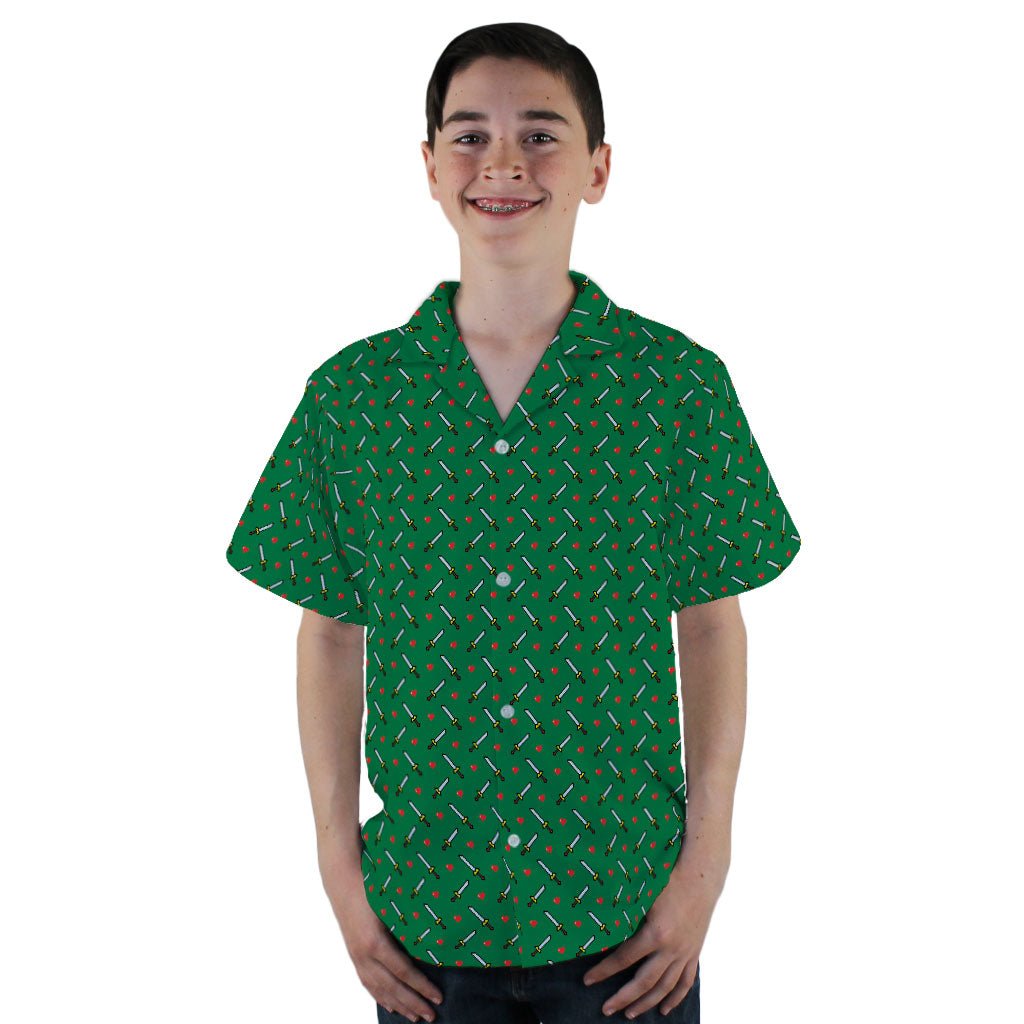 Sword and Hearts Video Game Green Youth Hawaiian Shirt - YL - -