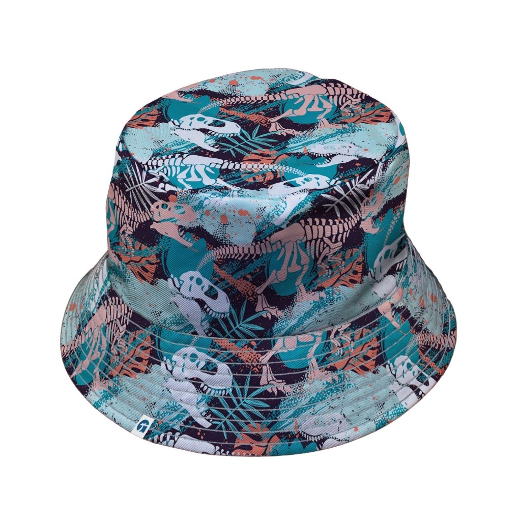 T-Rex Bones Footprints Green Dinosaur Bucket Hat - M - Black Stitching - -