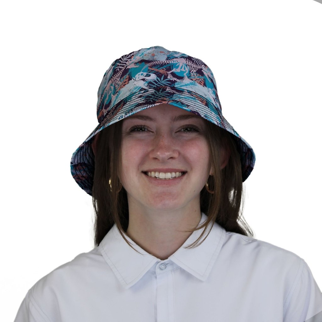 T-Rex Bones Footprints Green Dinosaur Bucket Hat - M - Grey Stitching - -