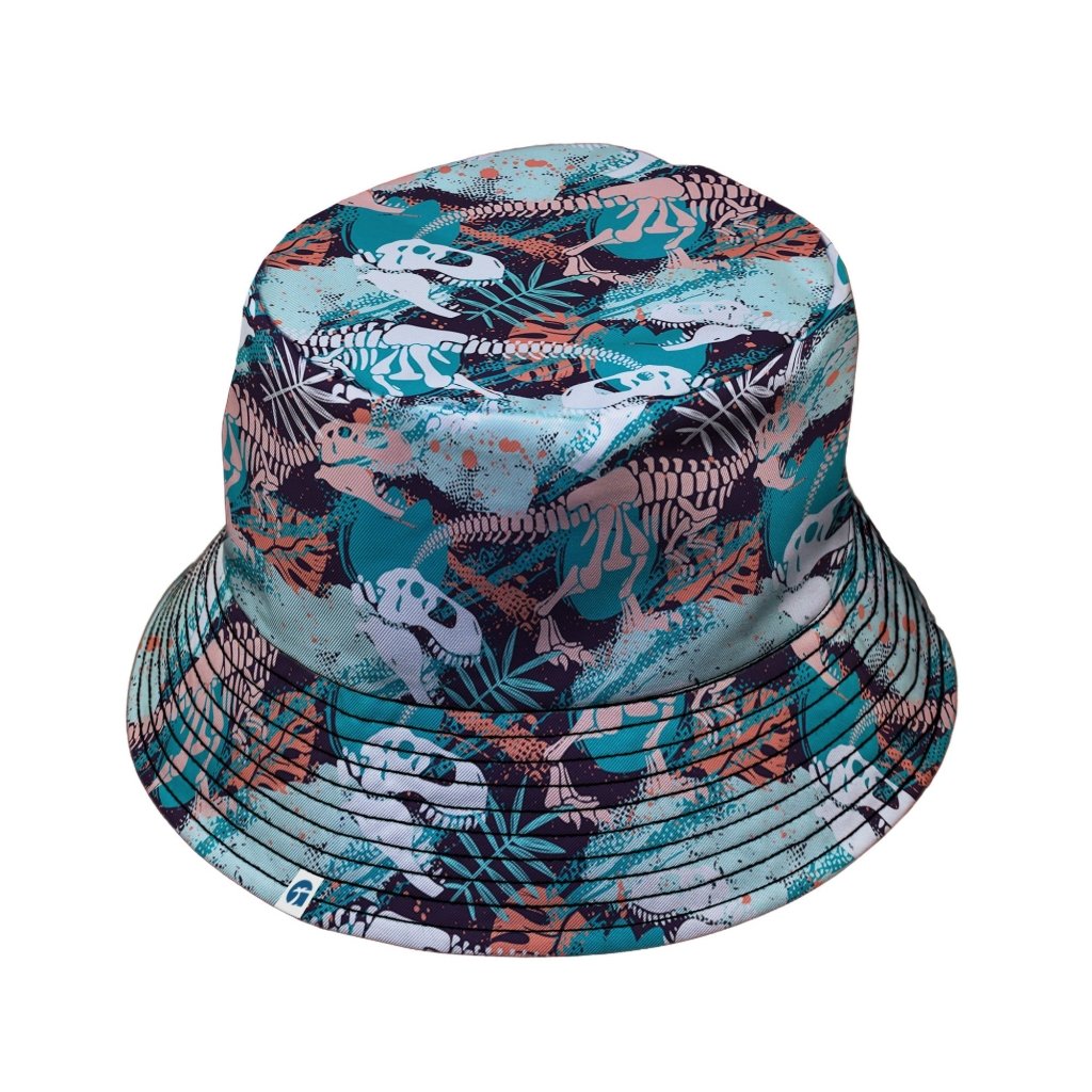 T-Rex Bones Footprints Green Dinosaur Bucket Hat - M - Grey Stitching - -