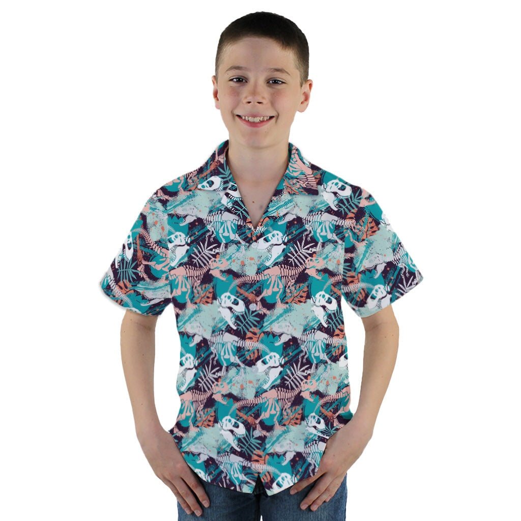 T Rex Bones Footprints Green Dinosaur Youth Hawaiian Shirt - YM - -