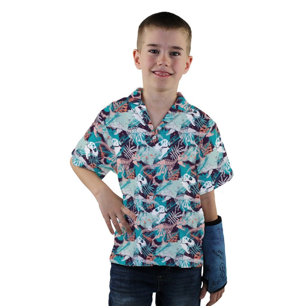 T Rex Bones Footprints Green Dinosaur Youth Hawaiian Shirt - YXS - -