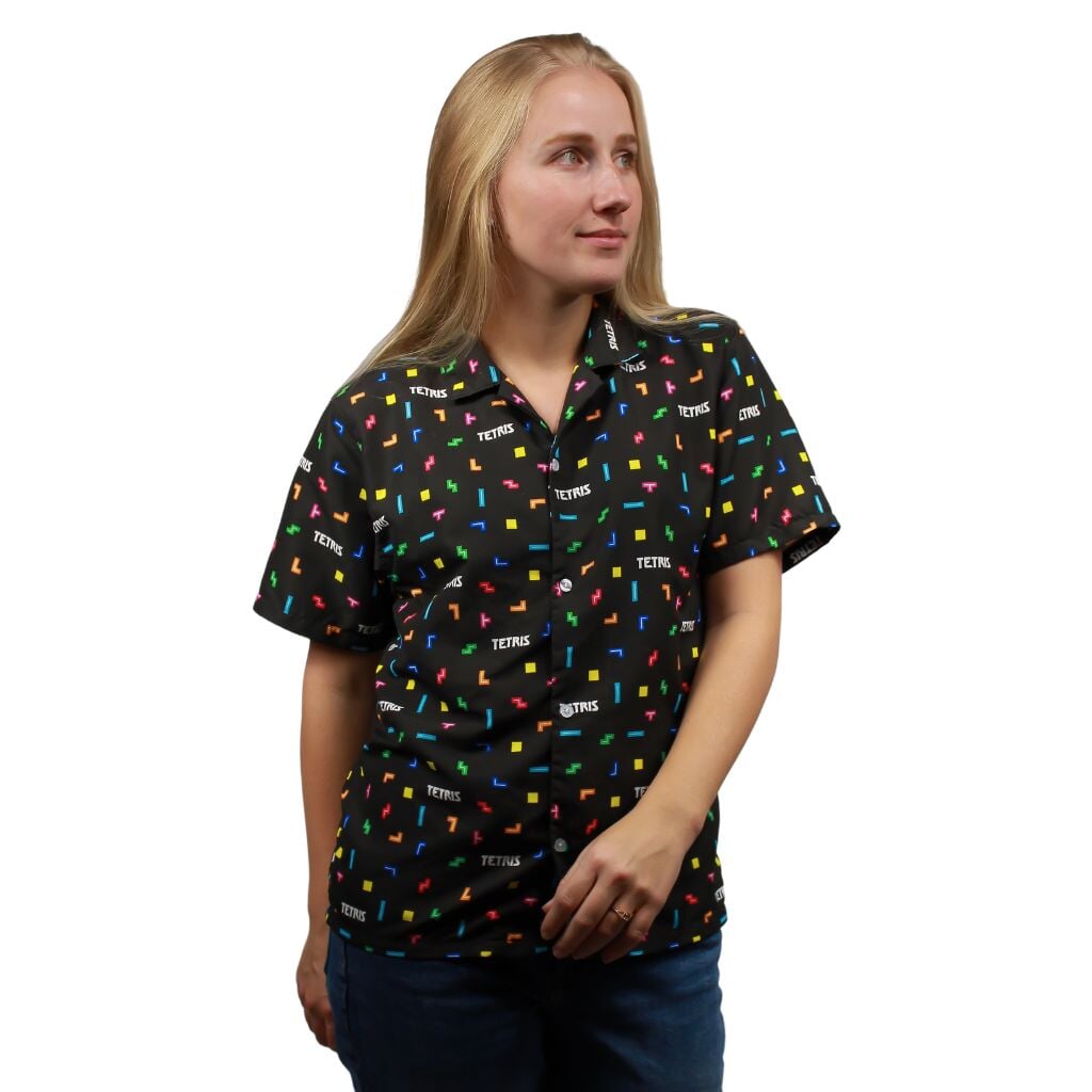 Tetris Glow Button Up Shirt - S - Hawaiian Shirt - No Pocket -