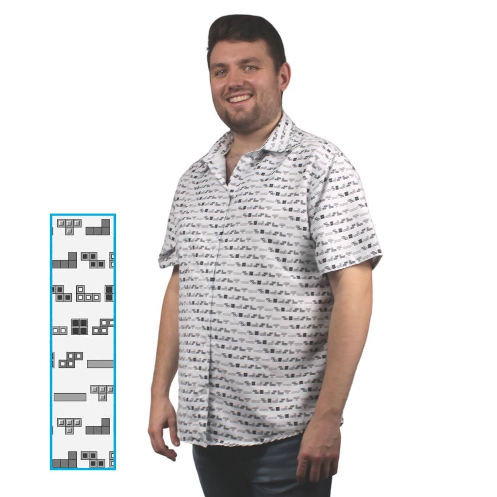 Tetris Grayscale Lines Button Up Shirt - S - Hawaiian Shirt - No Pocket -