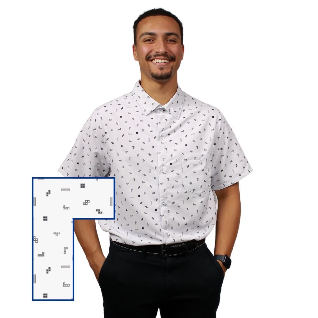 Tetris Grayscale Scattered White Button Up Shirt - S - Hawaiian Shirt - No Pocket -