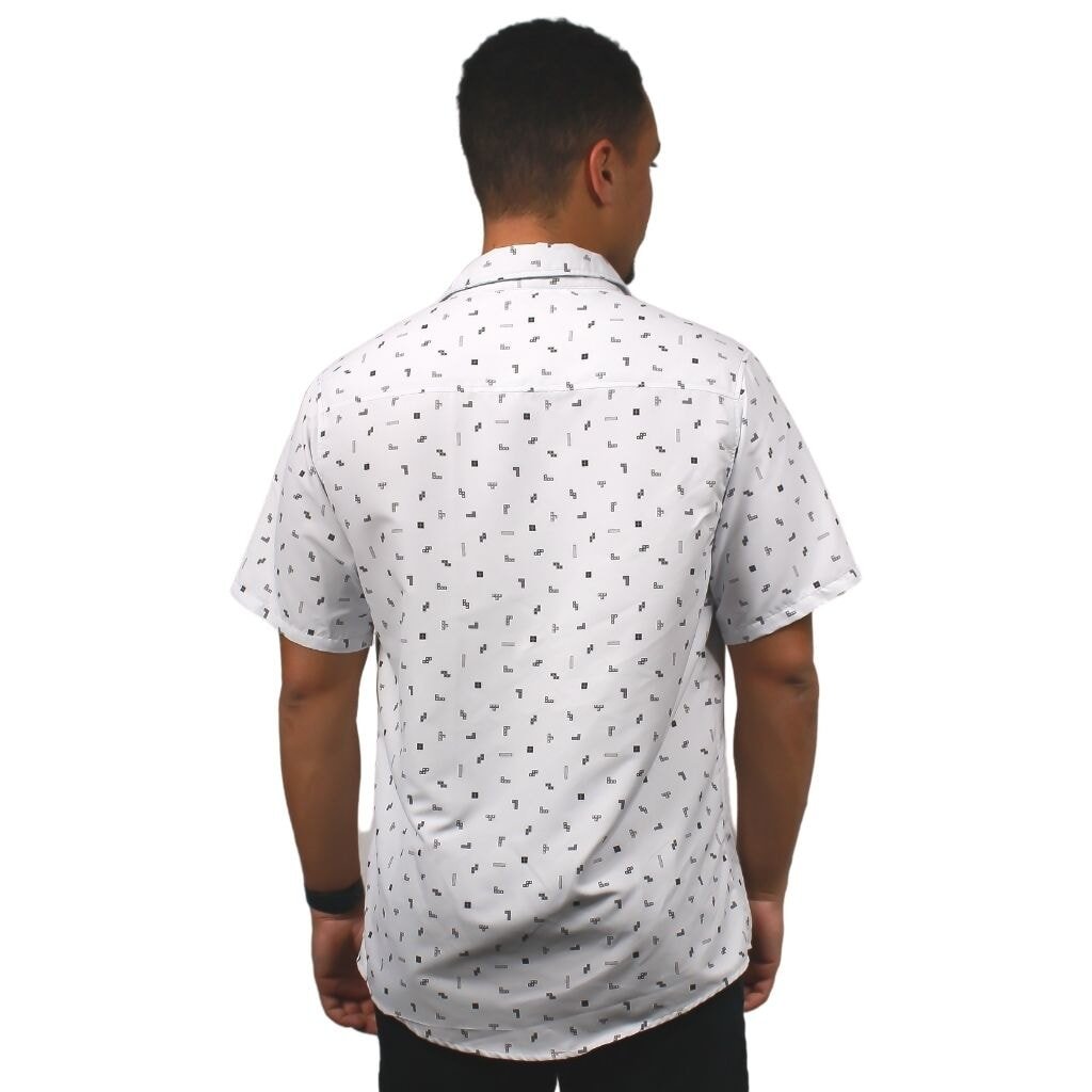 Tetris Grayscale Scattered White Button Up Shirt - S - Hawaiian Shirt - No Pocket -