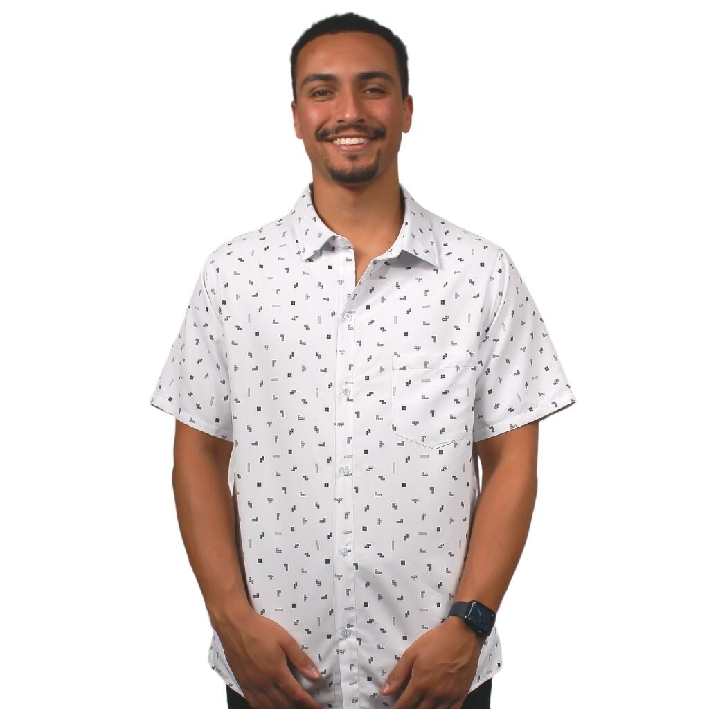 Tetris Grayscale Scattered White Button Up Shirt - S - Hawaiian Shirt - No Pocket -