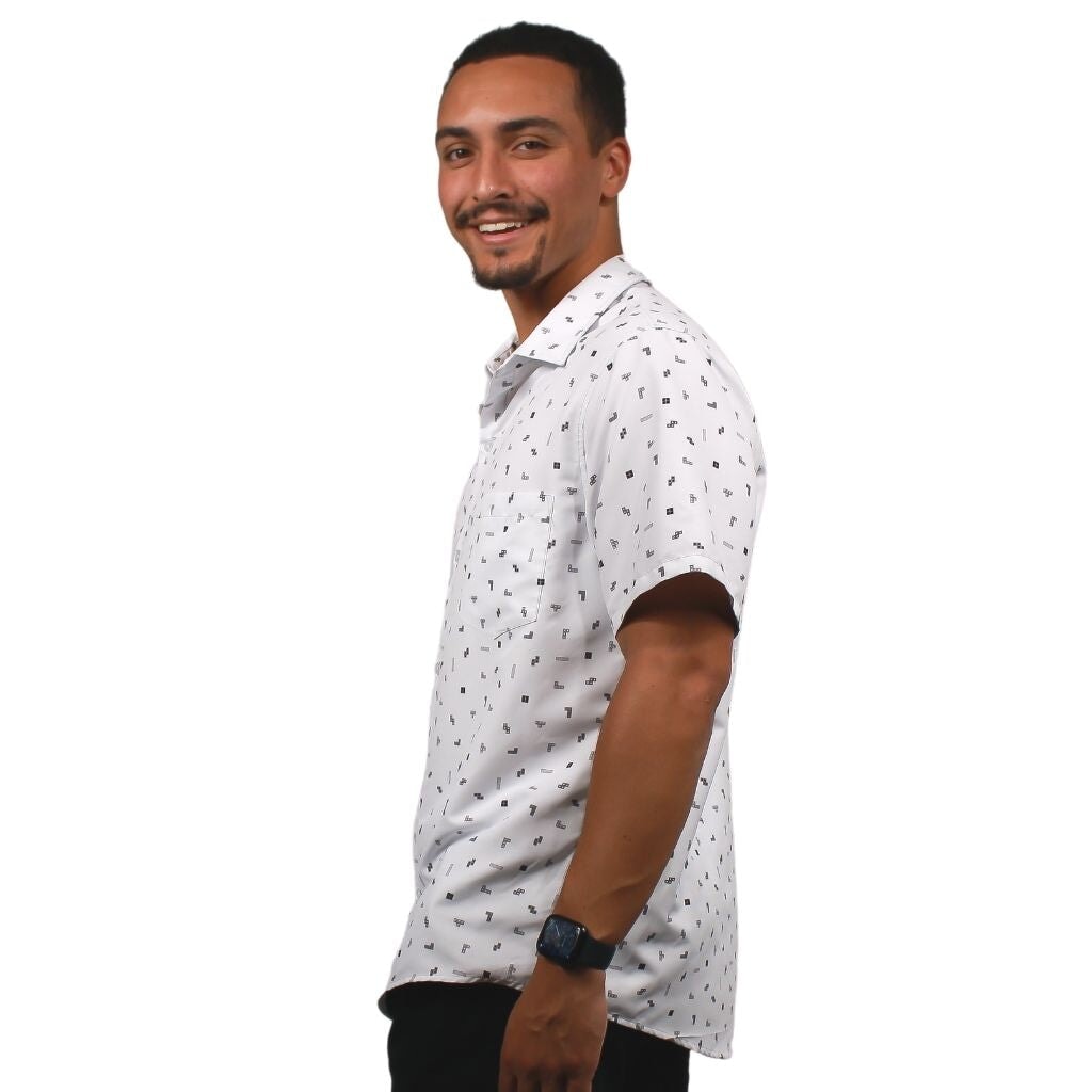 Tetris Grayscale Scattered White Button Up Shirt - S - Hawaiian Shirt - No Pocket -