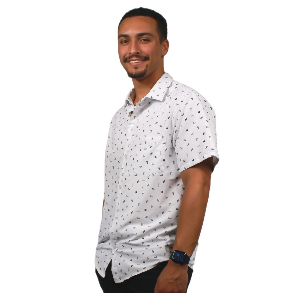 Tetris Grayscale Scattered White Button Up Shirt - S - Hawaiian Shirt - No Pocket -