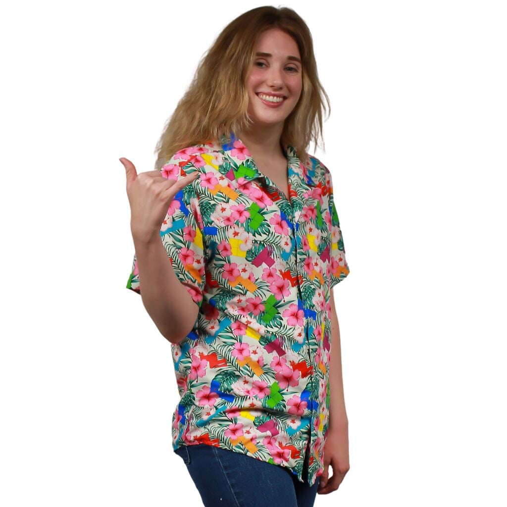 Tetris Hawaiian Hibiscus Button Up Shirt - S - Hawaiian Shirt - No Pocket -