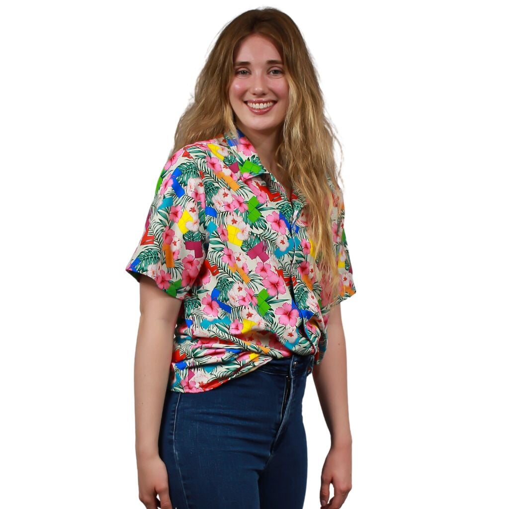 Tetris Hawaiian Hibiscus Button Up Shirt - S - Hawaiian Shirt - No Pocket -