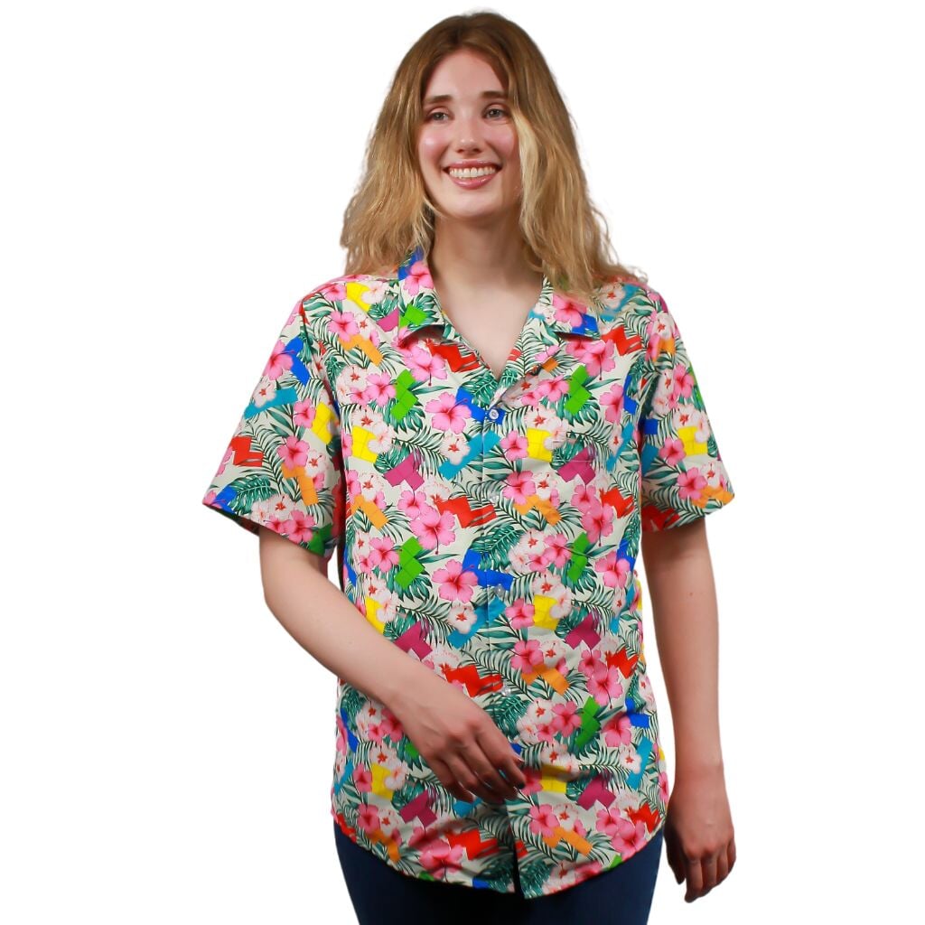 Tetris Hawaiian Hibiscus Button Up Shirt - S - Hawaiian Shirt - No Pocket -