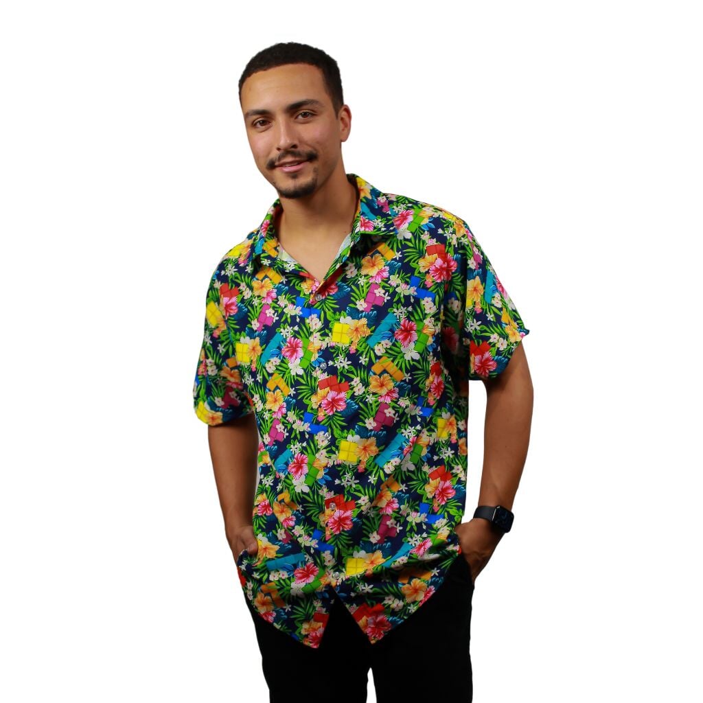 Tetris Hawaiian Navy Button Up Shirt - S - Hawaiian Shirt - No Pocket -