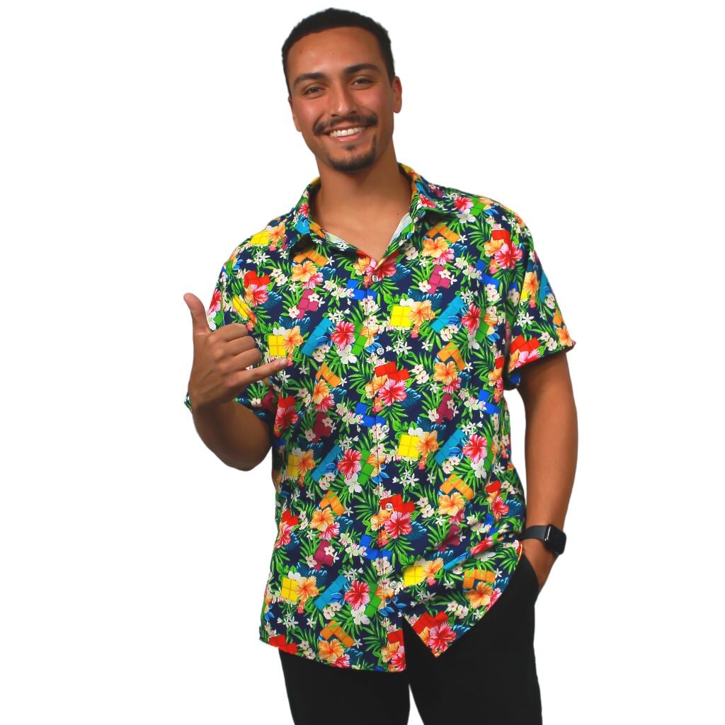 Tetris Hawaiian Navy Button Up Shirt - S - Hawaiian Shirt - No Pocket -