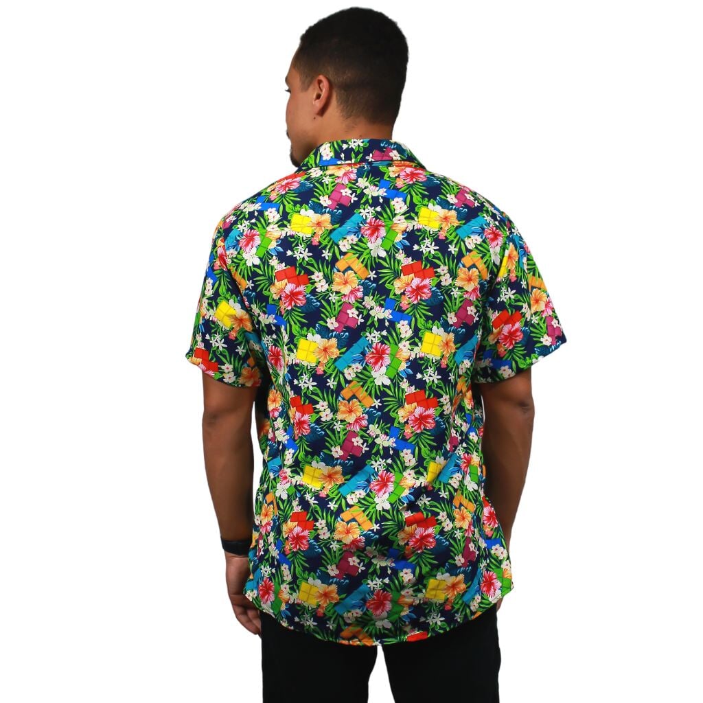 Tetris Hawaiian Navy Button Up Shirt - S - Hawaiian Shirt - No Pocket -