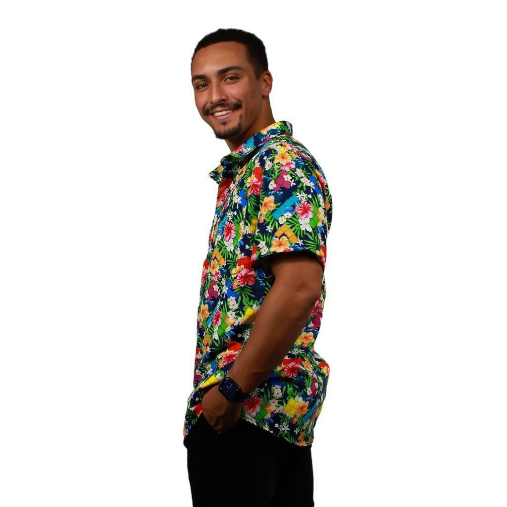 Tetris Hawaiian Navy Button Up Shirt - S - Hawaiian Shirt - No Pocket -