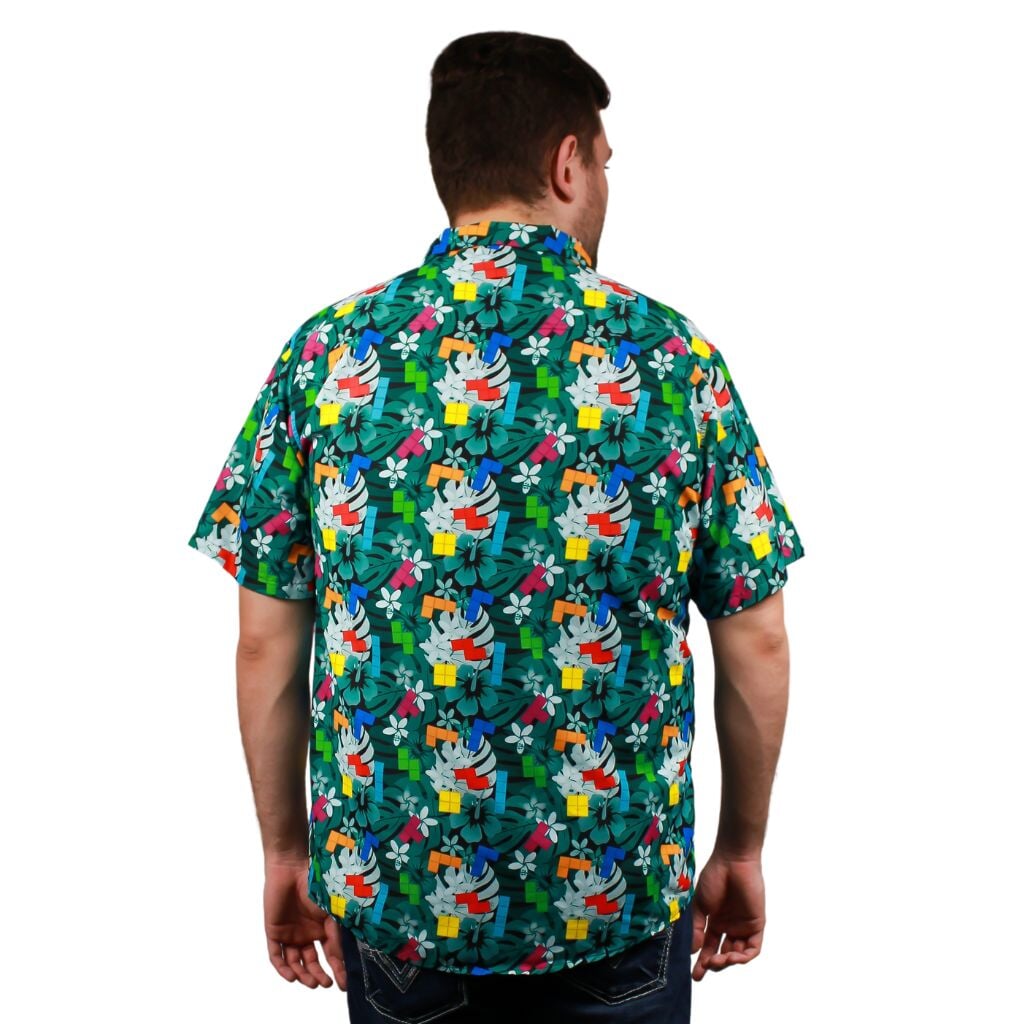 Tetris Hawaiian Teal Button Up Shirt - S - Hawaiian Shirt - No Pocket -