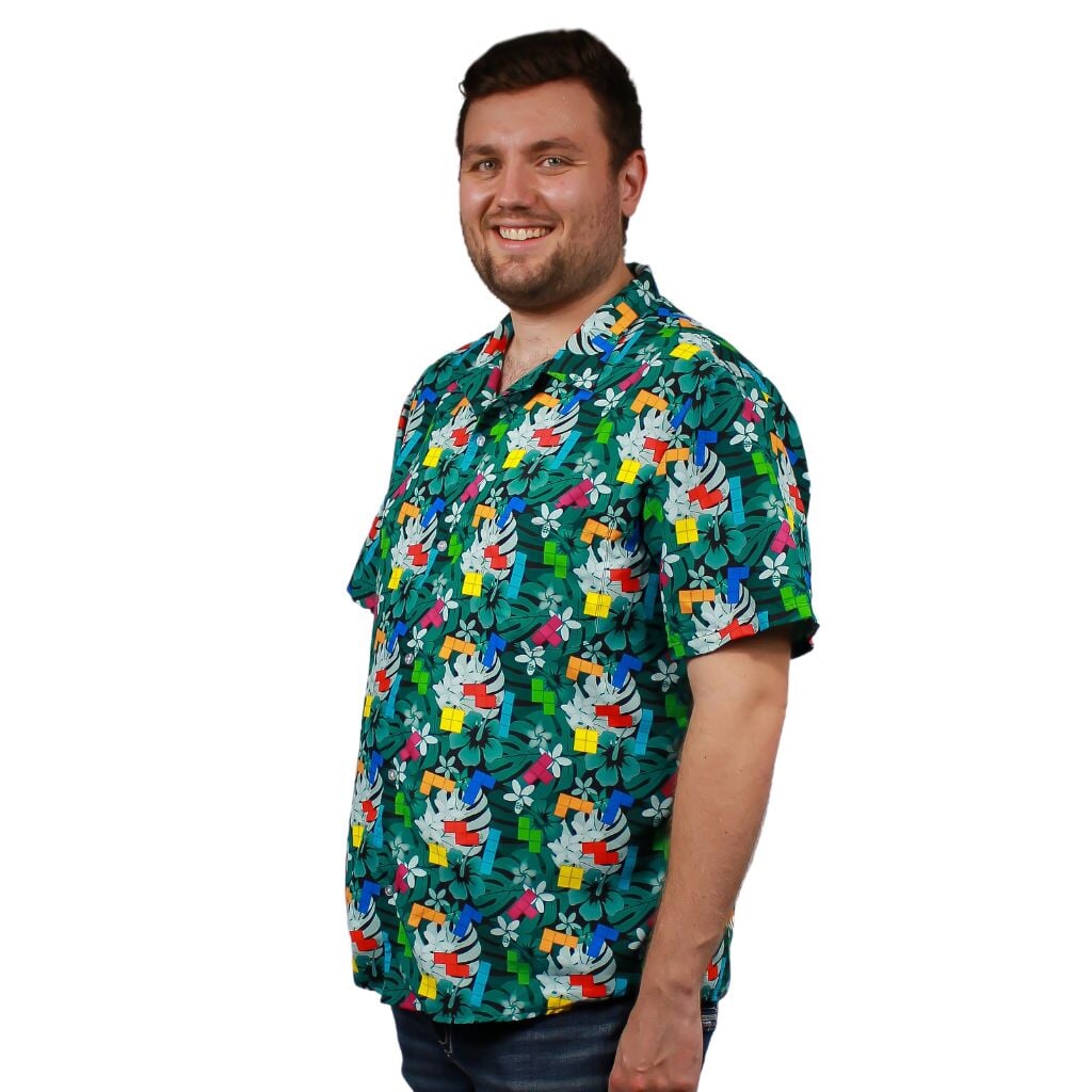 Tetris Hawaiian Teal Button Up Shirt - S - Hawaiian Shirt - No Pocket -