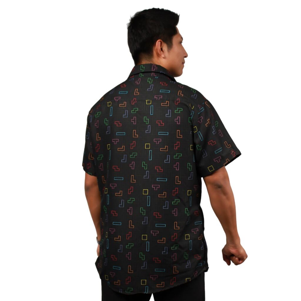 Tetris Neon Play Button Up Shirt - S - Hawaiian Shirt - No Pocket -