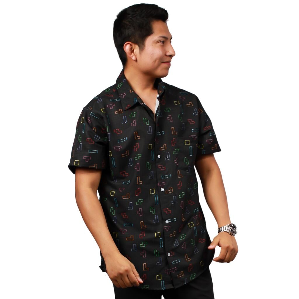 Tetris Neon Play Button Up Shirt - S - Hawaiian Shirt - No Pocket -