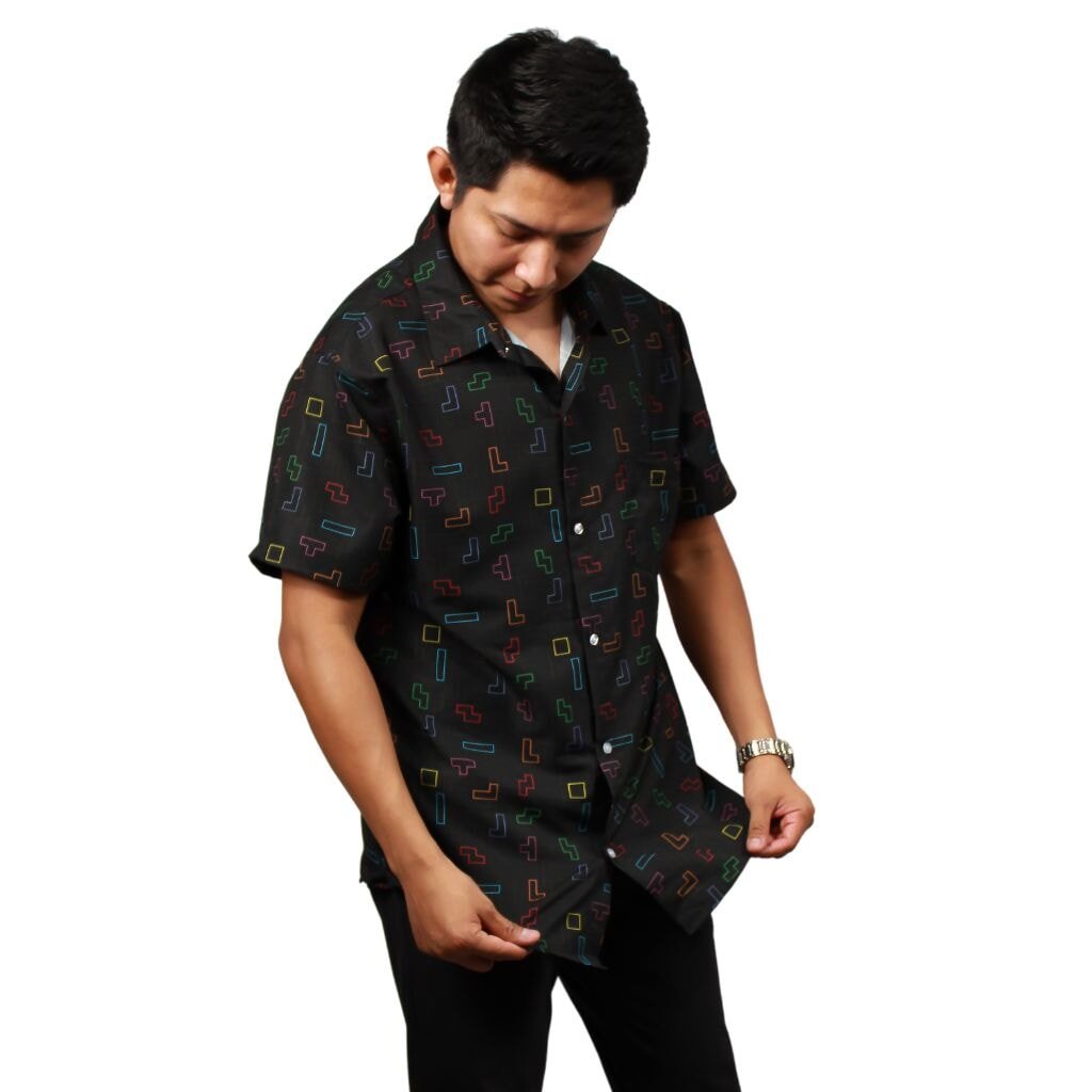 Tetris Neon Play Button Up Shirt - S - Hawaiian Shirt - No Pocket -