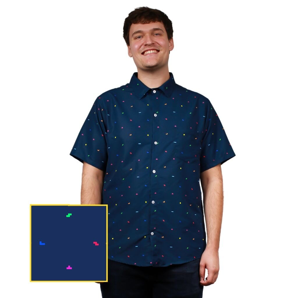 Tetris Simple Navy Button Up Shirt - S - Hawaiian Shirt - No Pocket -